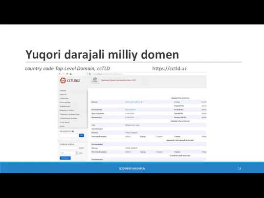 Yuqori darajali milliy domen country code Top-Level Domain, ccTLD https://cctld.uz QODIRBEK MAXAROV