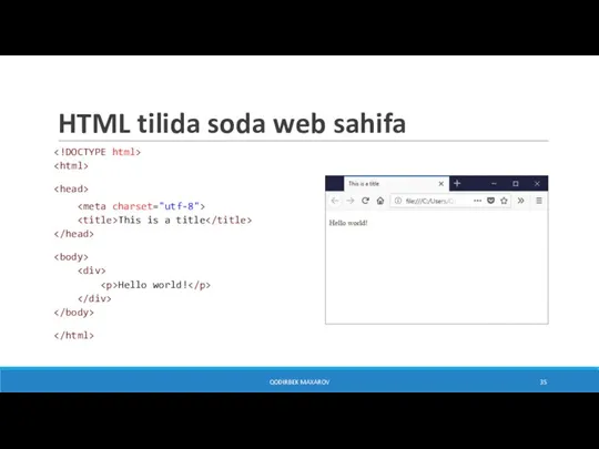 HTML tilida soda web sahifa This is a title Hello world! QODIRBEK MAXAROV