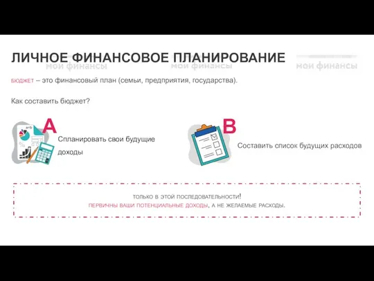 ЛИЧНОЕ ФИНАНСОВОЕ ПЛАНИРОВАНИЕ бюджет – это финансовый план (семьи, предприятия, государства). Как составить бюджет?