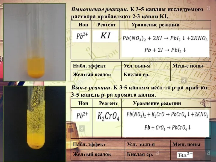 Выполнение реакции. К 3-5 каплям исследуемого раствора прибавляют 2-3 капли KI. Вып-е