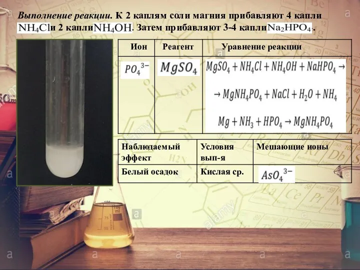 Выполнение реакции. К 2 каплям соли магния прибавляют 4 капли NH4Cl и