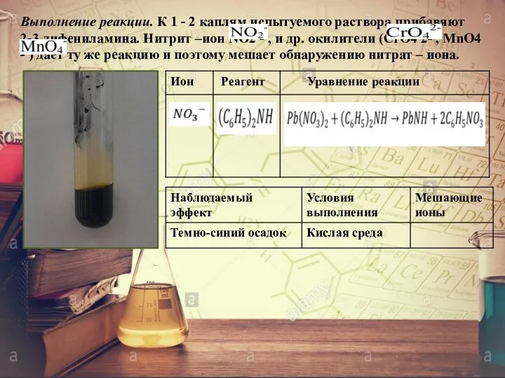 Выполнение реакции. К 1 - 2 каплям испытуемого раствора прибавяют 2-3 дифениламина.