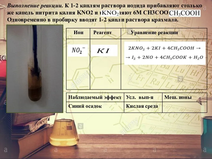 Выполнение реакции. К 1-2 каплям раствора иодида прибавляют столько же капель нитрита