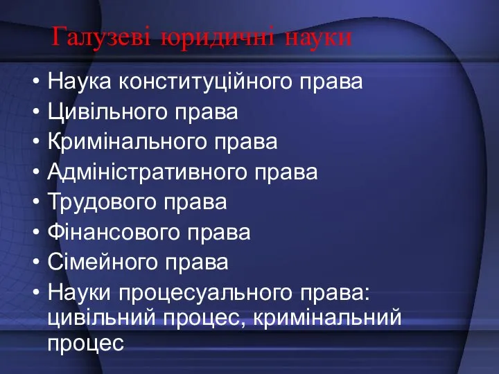 Галузеві юридичні науки Наука конституційного права Цивільного права Кримінального права Адміністративного права