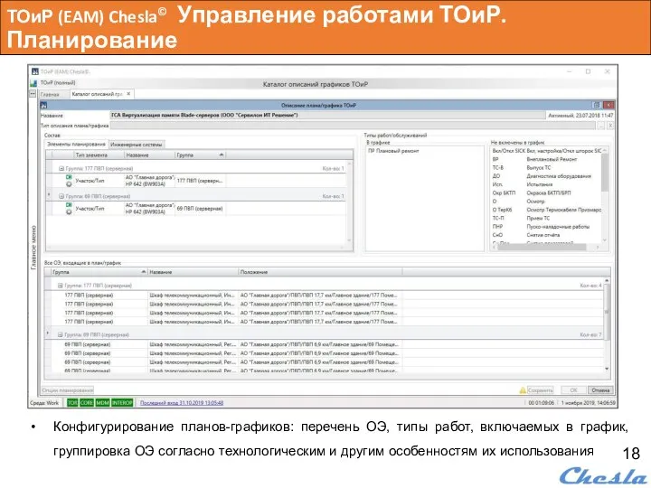 ТОиР (EAM) Chesla© Управление работами ТОиР. Планирование Конфигурирование планов-графиков: перечень ОЭ, типы