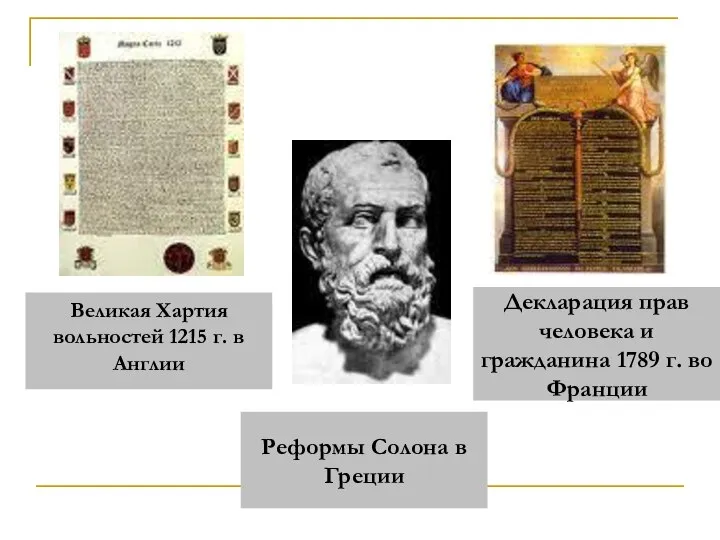 Великая Хартия вольностей 1215 г. в Англии Реформы Солона в Греции Декларация