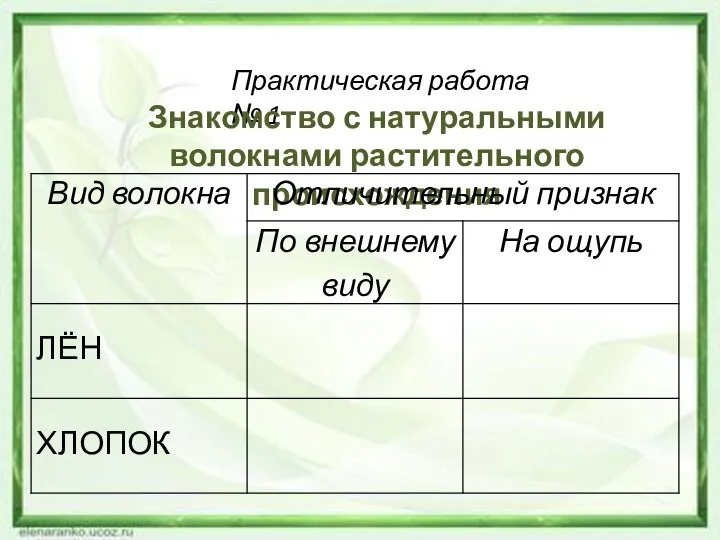 Практическая работа № 1 Знакомство с натуральными волокнами растительного происхождения