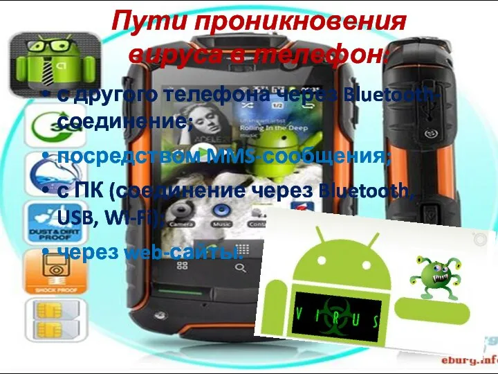 Пути проникновения вируса в телефон: с другого телефона через Bluetooth-соединение; посредством MMS-сообщения;