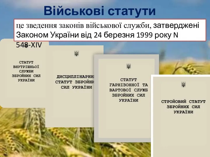 Військові статути це зведення законів військової служби, затверджені Законом України від 24