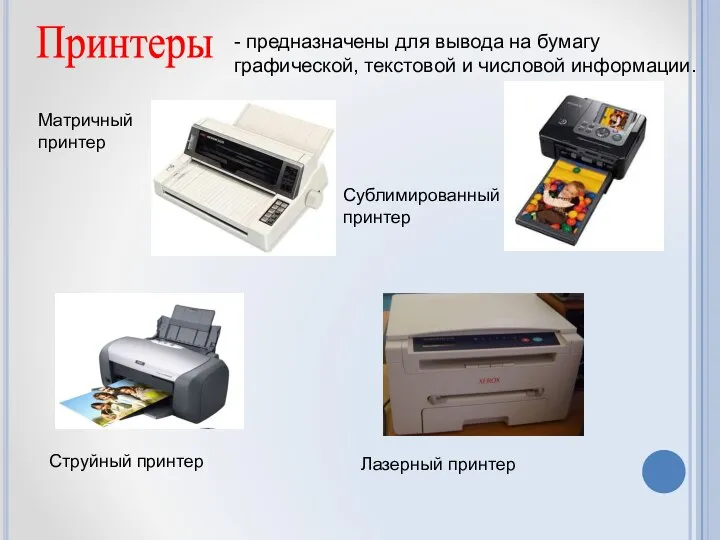 Принтеры Матричный принтер Струйный принтер Лазерный принтер - предназначены для вывода на