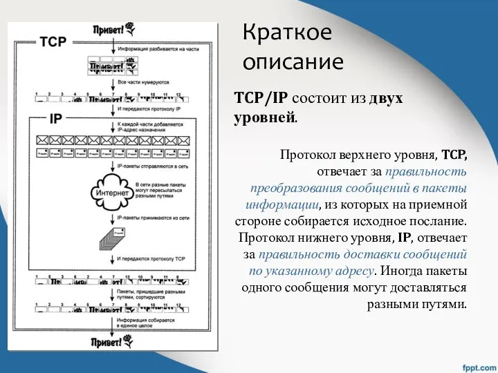 Краткое описание TCP/IP состоит из двух уровней. Протокол верхнего уровня, TCP, отвечает