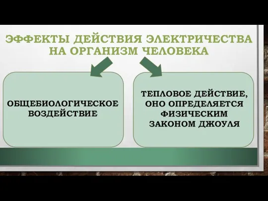 ЭФФЕКТЫ ДЕЙСТВИЯ ЭЛЕКТРИЧЕСТВА НА ОРГАНИЗМ ЧЕЛОВЕКА ОБЩЕБИОЛОГИЧЕСКОЕ ВОЗДЕЙСТВИЕ ТЕПЛОВОЕ ДЕЙСТВИЕ, ОНО ОПРЕДЕЛЯЕТСЯ ФИЗИЧЕСКИМ ЗАКОНОМ ДЖОУЛЯ