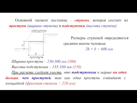 Основной элемент лестницы – ступень, которая состоит из проступи (ширина ступени) и