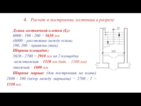 Расчет и построение лестницы в разрезе Длина лестничной клетки (L): 6000 -