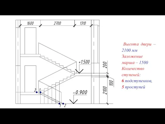 Высота двери – 2100 мм Заложение марша – 1500 Количество ступеней: 6 подступенков, 5 проступей