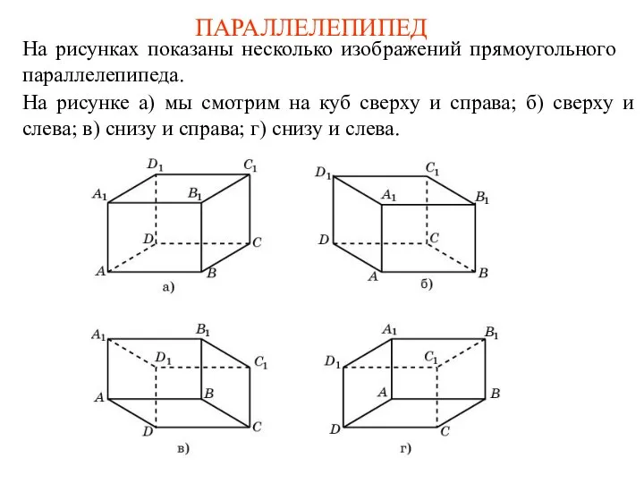 ПАРАЛЛЕЛЕПИПЕД На рисунках показаны несколько изображений прямоугольного параллелепипеда. На рисунке а) мы