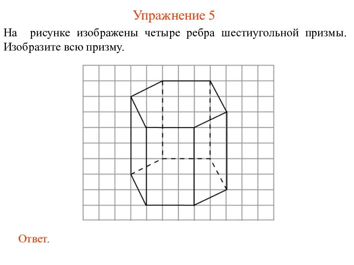 Упражнение 5 На рисунке изображены четыре ребра шестиугольной призмы. Изобразите всю призму.