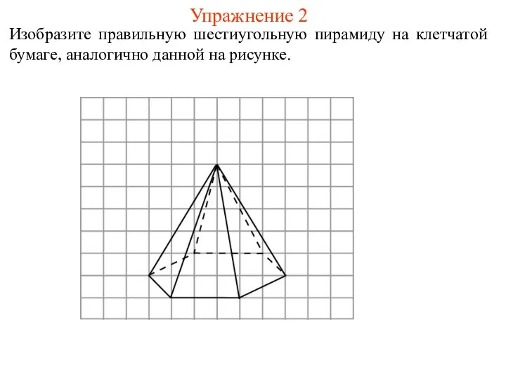 Упражнение 2 Изобразите правильную шестиугольную пирамиду на клетчатой бумаге, аналогично данной на рисунке.