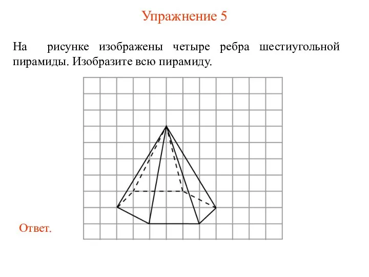 Упражнение 5 На рисунке изображены четыре ребра шестиугольной пирамиды. Изобразите всю пирамиду.