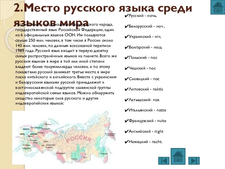 2.Место русского языка среди языков мира Русский язык - национальный язык русского