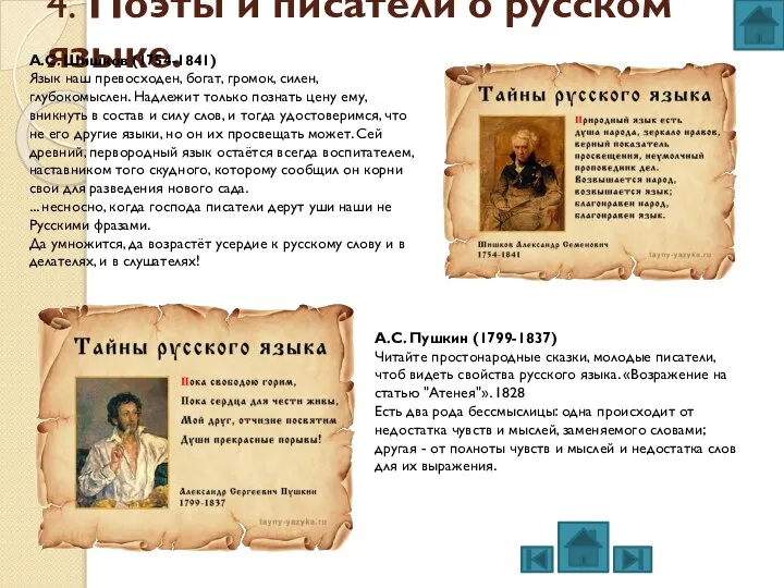 4. Поэты и писатели о русском языке. А.С. Шишков (1754-1841) Язык наш