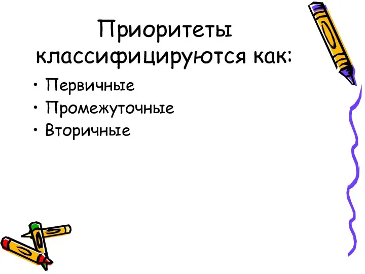 Приоритеты классифицируются как: Первичные Промежуточные Вторичные