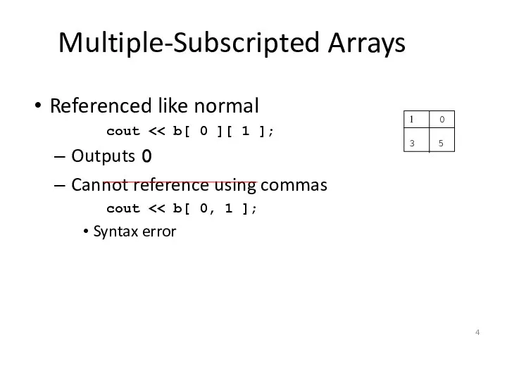 Multiple-Subscripted Arrays Referenced like normal cout Outputs 0 Cannot reference using commas cout Syntax error