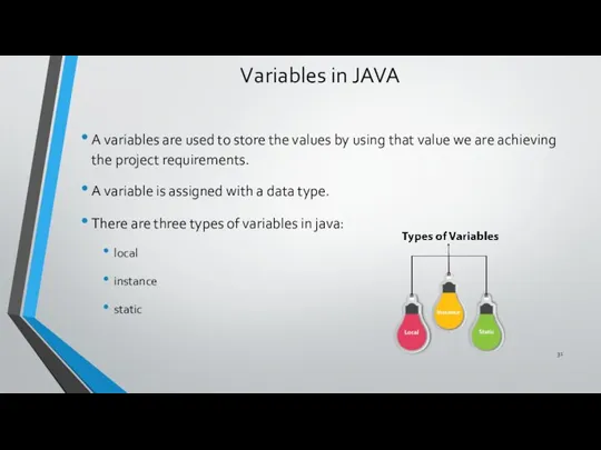 Variables in JAVA A variables are used to store the values by