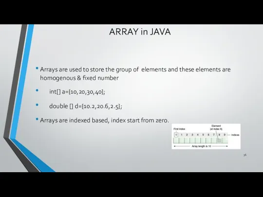 ARRAY in JAVA Arrays are used to store the group of elements