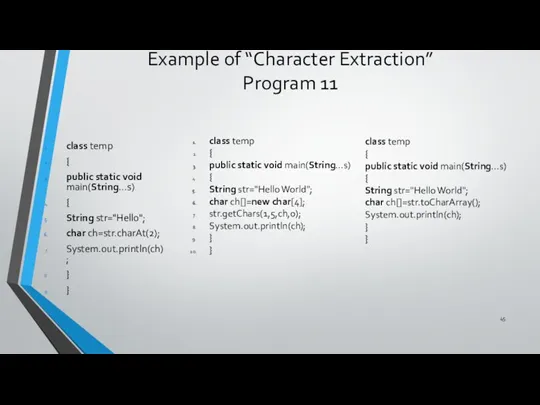 Example of “Character Extraction” Program 11 class temp { public static void