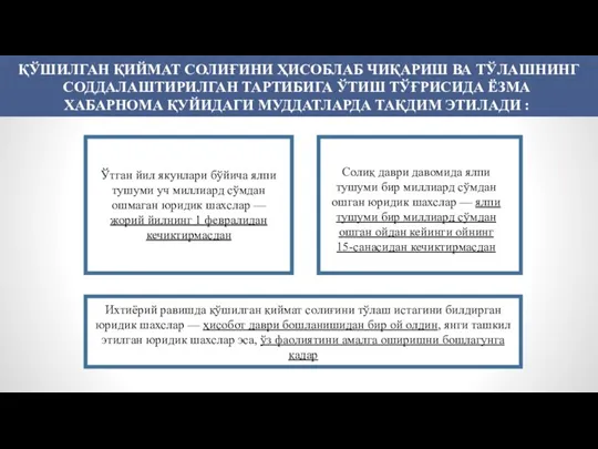 ҚЎШИЛГАН ҚИЙМАТ СОЛИҒИНИ ҲИСОБЛАБ ЧИҚАРИШ ВА ТЎЛАШНИНГ СОДДАЛАШТИРИЛГАН ТАРТИБИГА ЎТИШ ТЎҒРИСИДА ЁЗМА