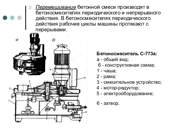 Бетоносмеситель С-773а: а - общий вид; б - конструктивная схема; 1 -