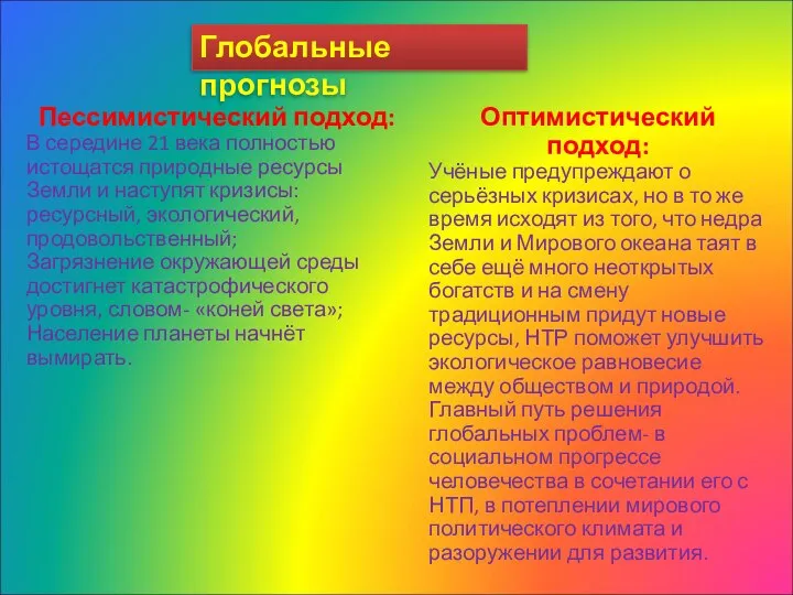 Глобальные прогнозы Пессимистический подход: В середине 21 века полностью истощатся природные ресурсы