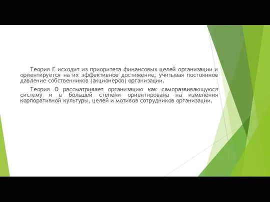 Теория Е исходит из приоритета финансовых целей организации и ориентируется на их