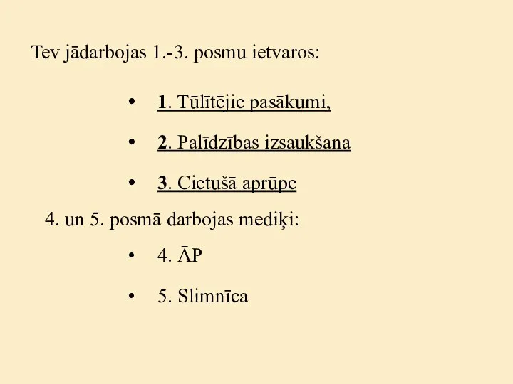 Tev jādarbojas 1.-3. posmu ietvaros: 1. Tūlītējie pasākumi, 2. Palīdzības izsaukšana 3.