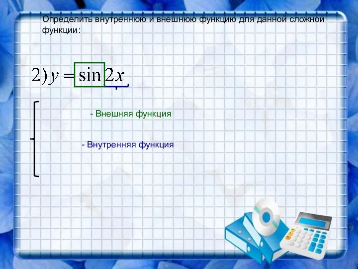 Определить внутреннюю и внешнюю функцию для данной сложной функции: - Внутренняя функция - Внешняя функция