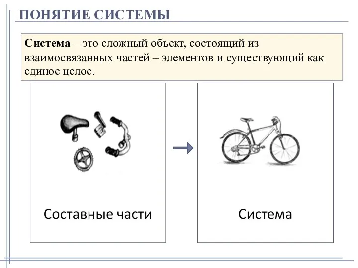 ПОНЯТИЕ СИСТЕМЫ Система – это сложный объект, состоящий из взаимосвязанных частей –