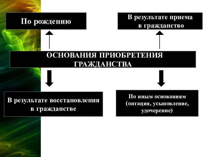 По рождению ОСНОВАНИЯ ПРИОБРЕТЕНИЯ ГРАЖДАНСТВА В результате приема в гражданство В результате