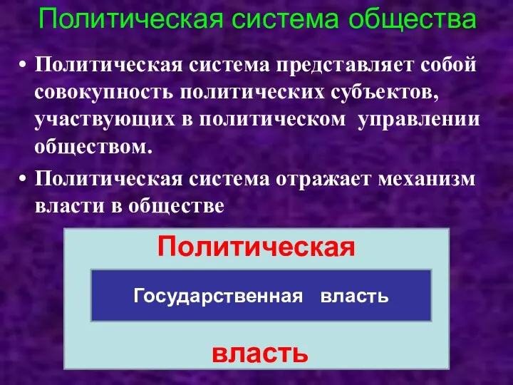 Политическая система общества Политическая система представляет собой совокупность политических субъектов, участвующих в