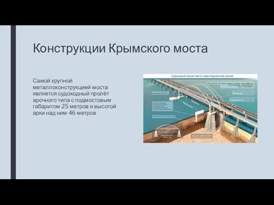 Конструкции Крымского моста Самой крупной металлоконструкцией моста является судоходный пролёт арочного типа