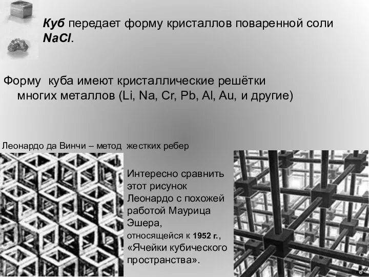 Куб передает форму кристаллов поваренной соли NaCl. Форму куба имеют кристаллические решётки