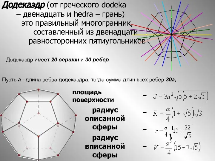 Додекаэдр (от греческого dodeka – двенадцать и hedra – грань) это правильный