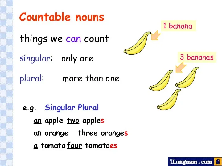 things we can count singular: only one plural: more than one Countable