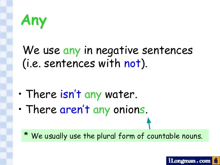 Any We use any in negative sentences (i.e. sentences with not). There