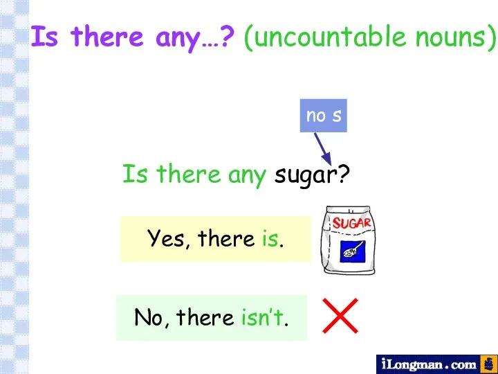 Is there any sugar? Is there any…? (uncountable nouns)