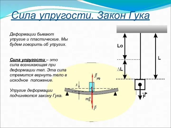 Сила упругости. Закон Гука Деформации бывают упругие и пластические. Мы будем говорить