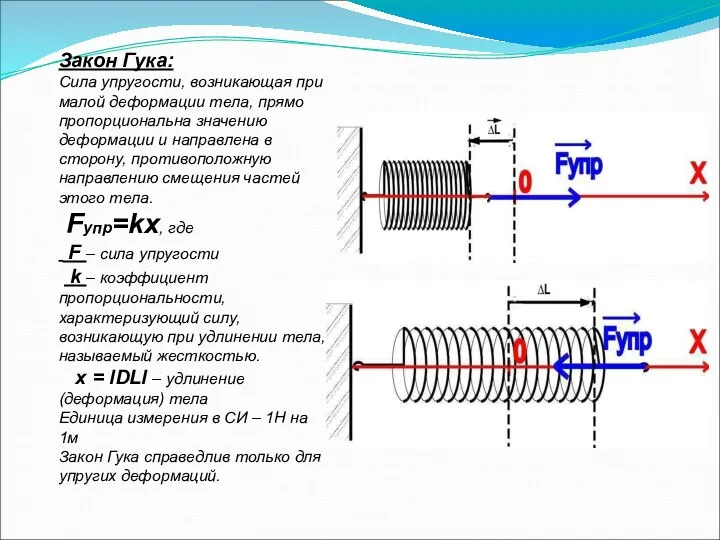Закон Гука: Сила упругости, возникающая при малой деформации тела, прямо пропорциональна значению