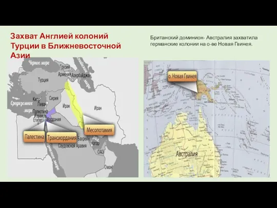 Захват Англией колоний Турции в Ближневосточной Азии Британский доминион- Австралия захватила германские
