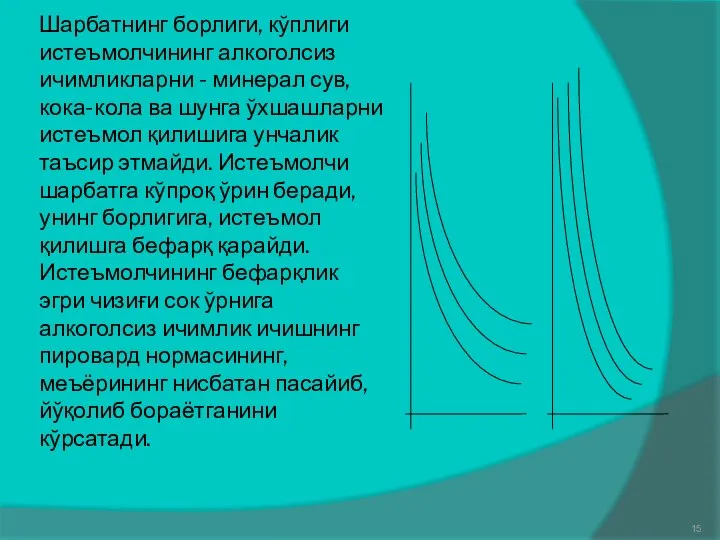 Шарбатнинг борлиги, кўплиги истеъмолчининг алкоголсиз ичимликларни - минерал сув, кока-кола ва шунга