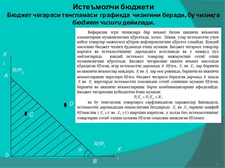 Истеъмолчи бюджети Бюджет чегараси тенгламаси графикда чизиғини беради, бу чизиқга бюджет чизиғи дейилади.